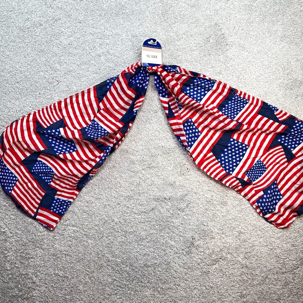 NWT American Flag Scarf Red White Blue Patriotic USA Sheer Long 63" x 13.8"